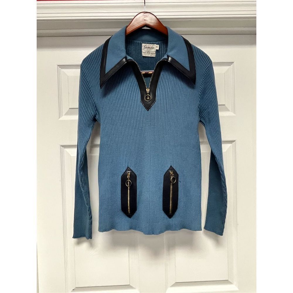 Vintage Sportswear Blue Ribbed Acrylic & Faux Leather Zip Neck Sweater sz M EUC